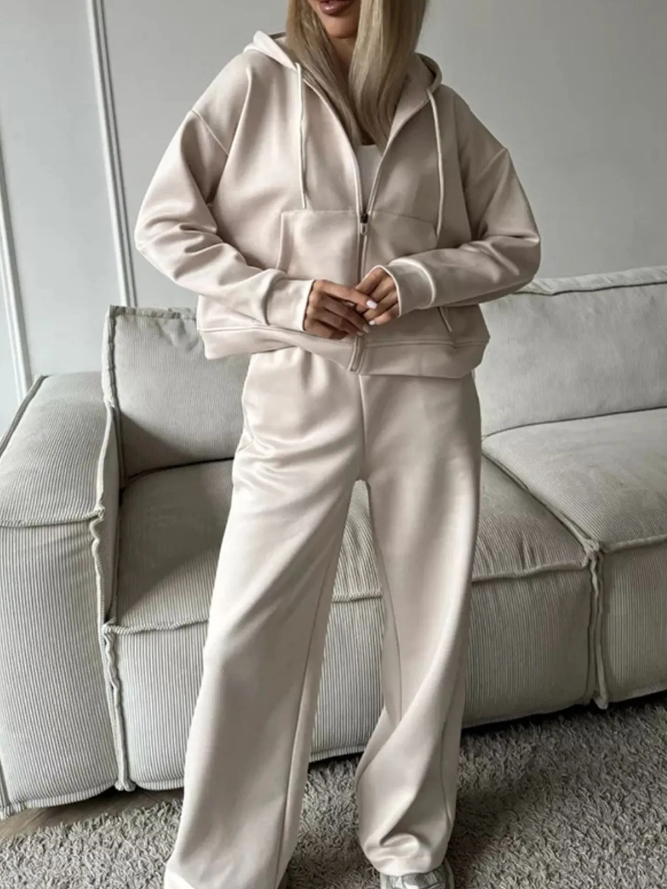 Zip-Up Hoodie and Wide-Leg Pants Set